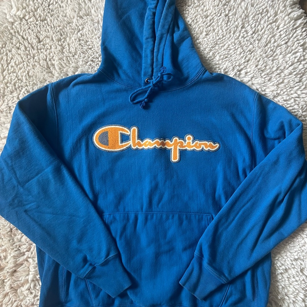 Champion Bright Blue Hoodie with Yellow Accent Logo